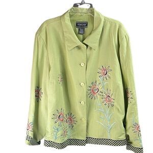 NOUVEAUX Women’s Linen Lime Green Embroidered Floral Blazer Jacket Boho Size 24